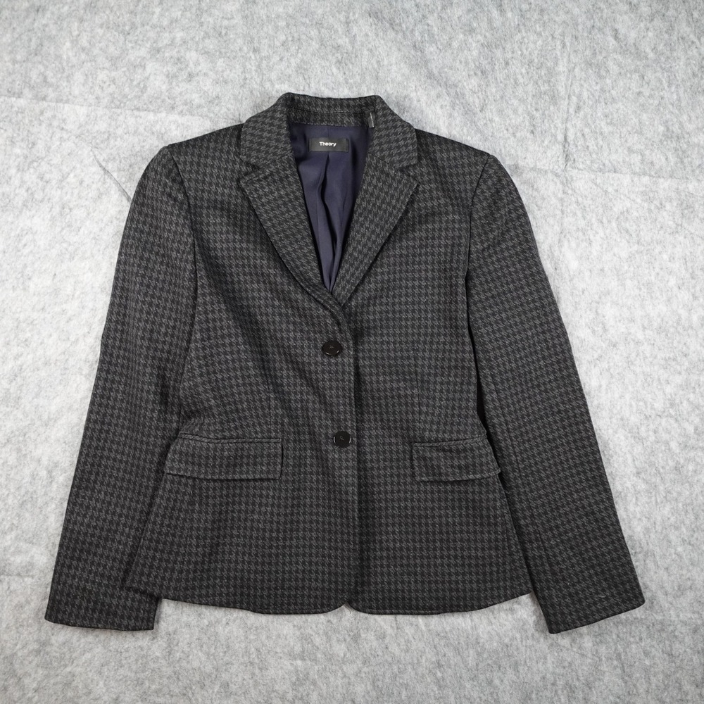 Theory‎ Jacket Womens 2 Gray Houndstooth Knit Shrunken Two Button Blazer Luxury